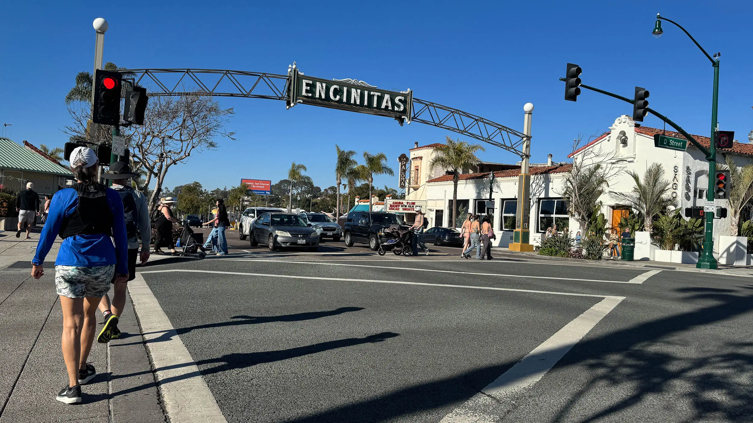 The historic Encinitas sign overlooks the scramble intersection at the 101 Hwy and D St. in Encinitas, California