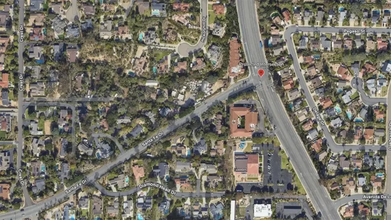 Overhead view of the site of a proposed and planned protected intersection at El Camino Real and Santa Fe Dr in Encinitas, California