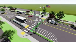 A rendering of the Santa Fe Dr West reconstruction project in Encinitas, CA shows a mid-block crosswalk, pedestrian island, protected bike lanes and a bus stop.