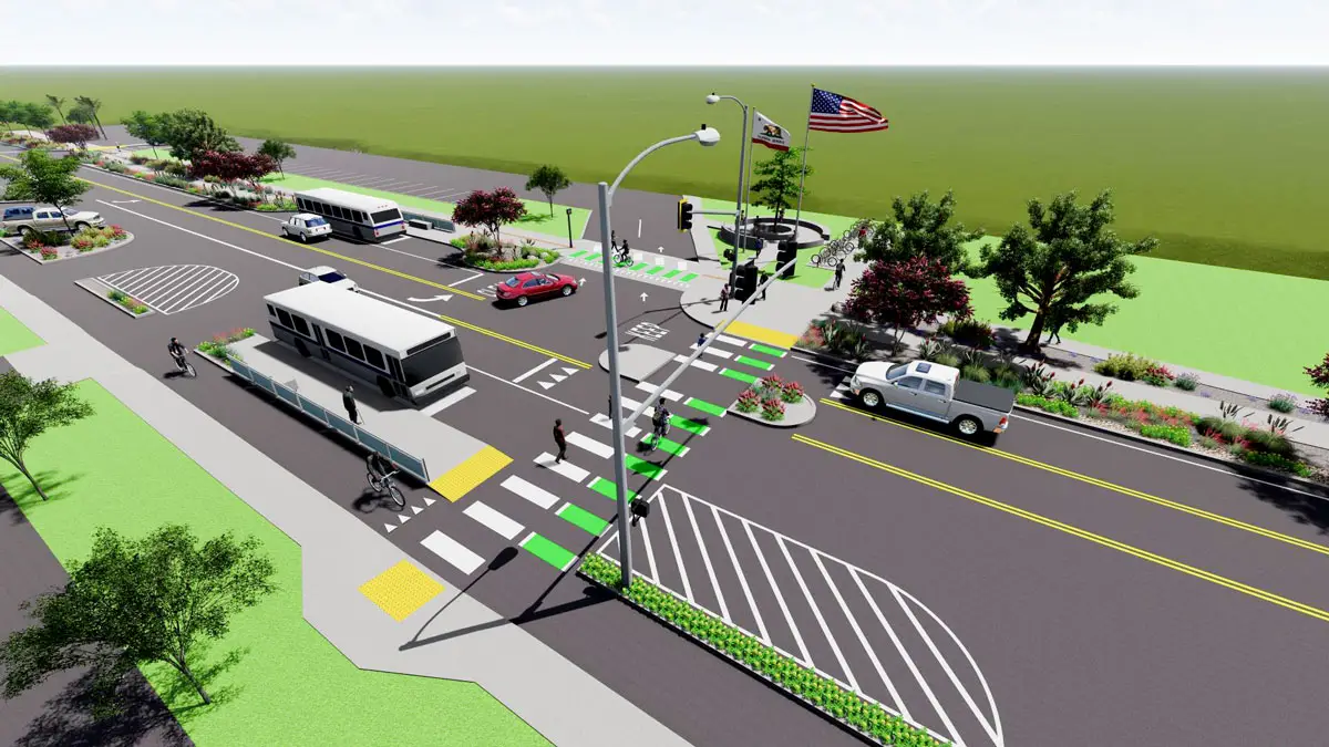 A rendering of the Santa Fe Dr West reconstruction project in Encinitas, CA shows a mid-block crosswalk, pedestrian island, protected bike lanes and a bus stop.