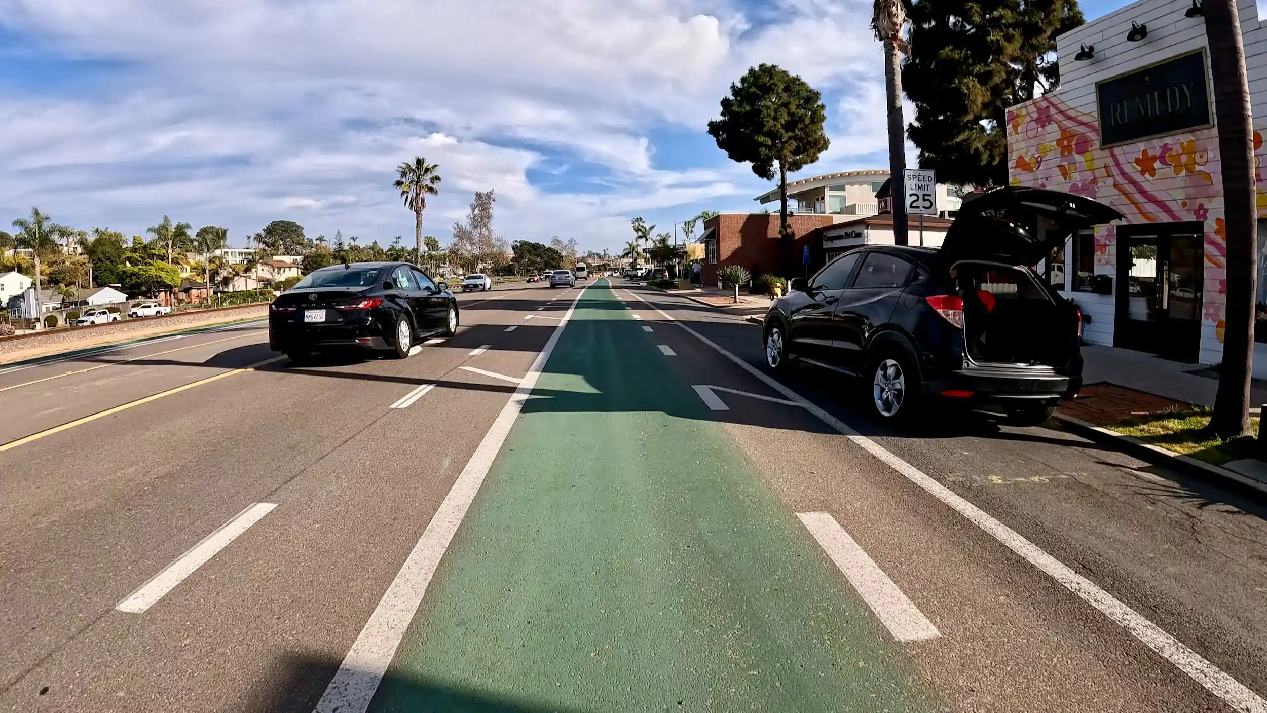 Cyclist POV riding the buffered Class II bike lane in Leucadia, Encinitas, California