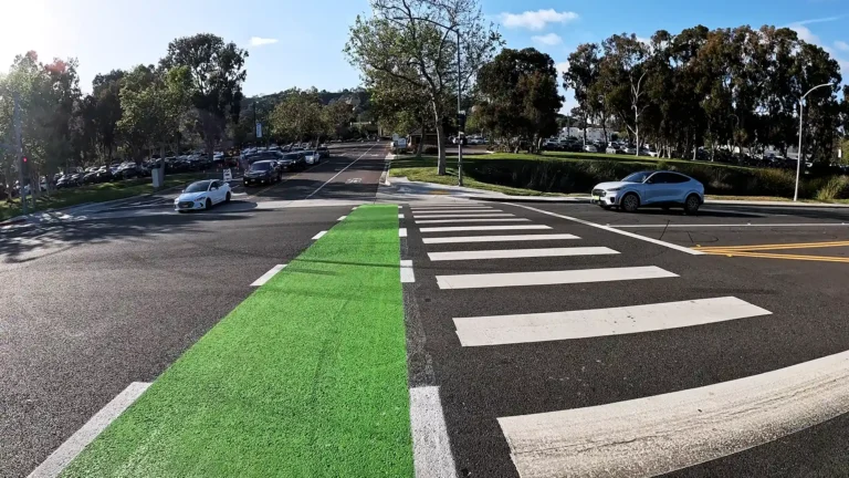 A crossbike and crosswalk at the intersection of Mira Costa College and Manchester Ave in Encinitas, California