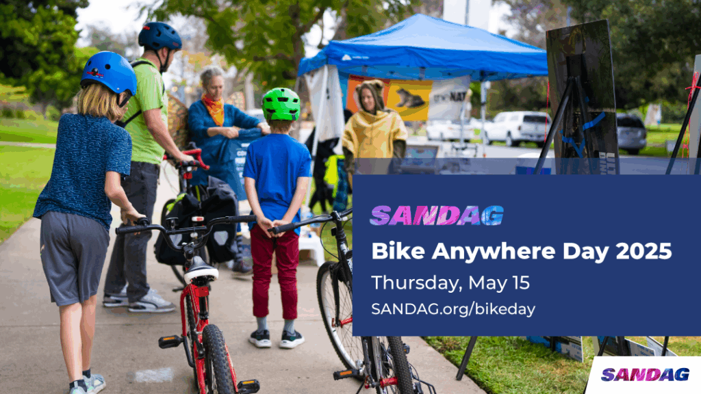 SANDAG Bike Anywhere Day is back! Join thousands and ride your bike to work, school, the beach, or anywhere in the San Diego region on Thursday, May 15. B