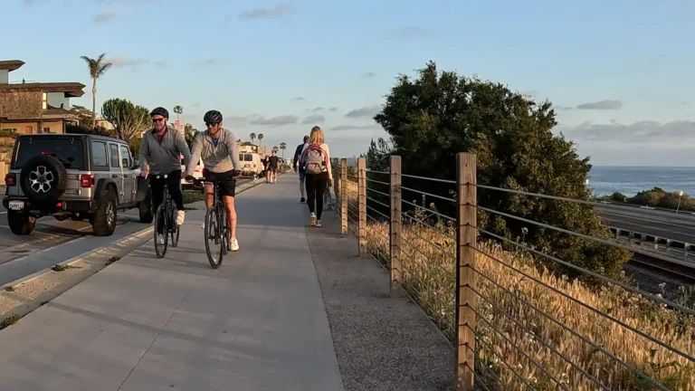 Cyclists and pedestrians enjoy the San Elijo Rail Trail in Encinitas, California