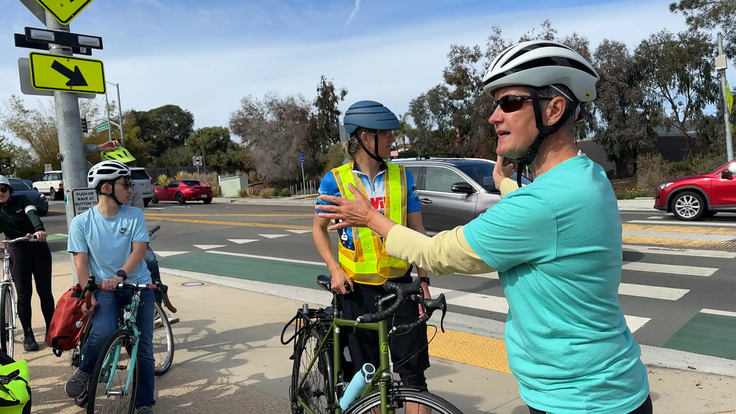 Kristine Schindler teaches the benefits of a Rectangular Rapid Flashing Beacon (RRFB) crosswalk located at the terminus of the SANDAD North County Trail at Birmingham Dr in Encinitas, California