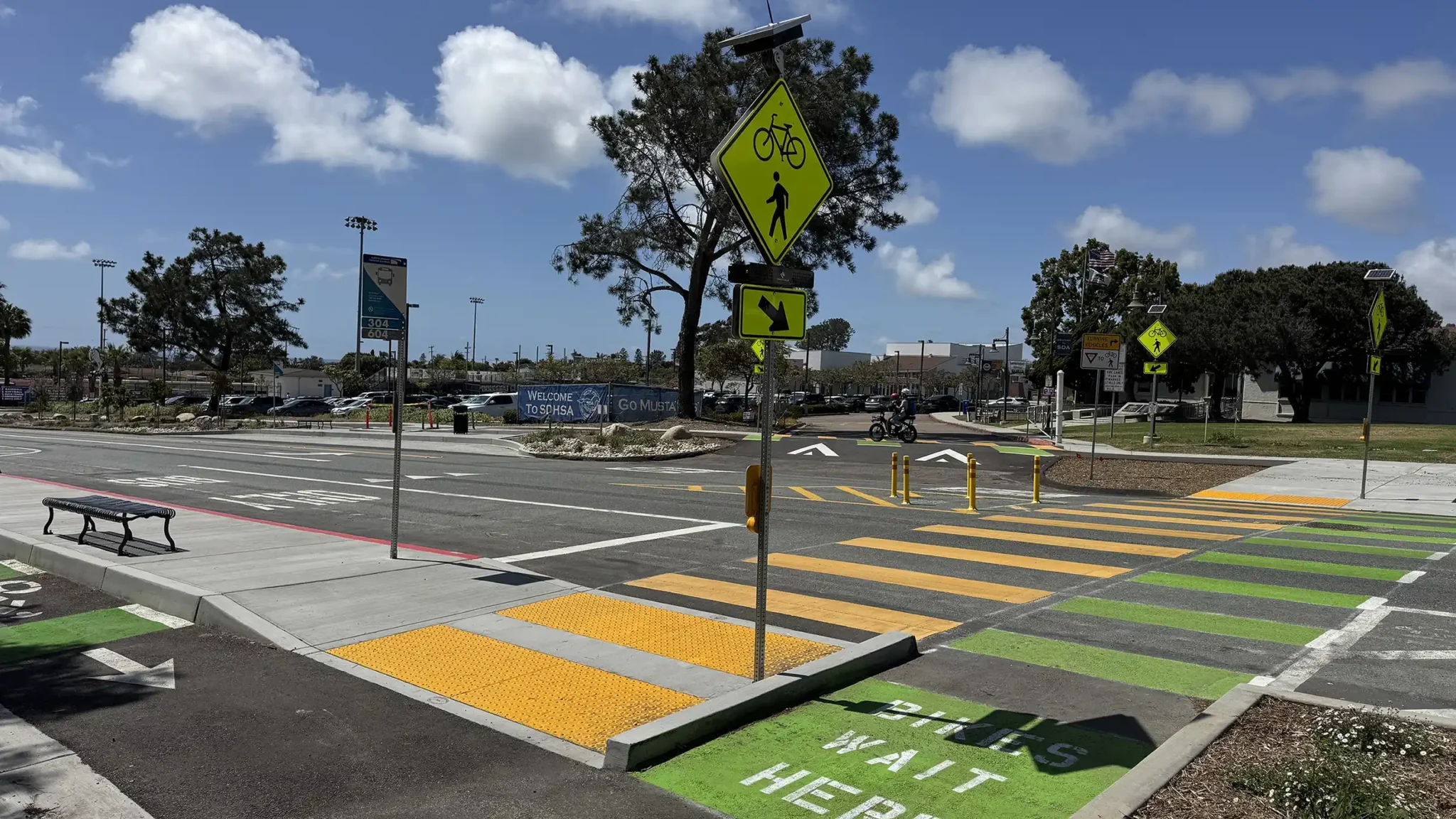 The signal crosswalk, crossbike, pedestrian island on Santa Fe Dr between Nardo Dr and Bonita Dr in Encinitas, California