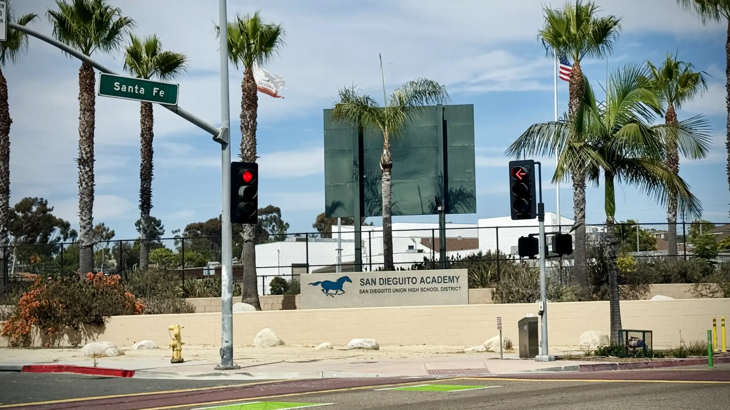 San Dieguito Academy sign on the corner of Santa Fe Drive and Nardo in Encinitas, California