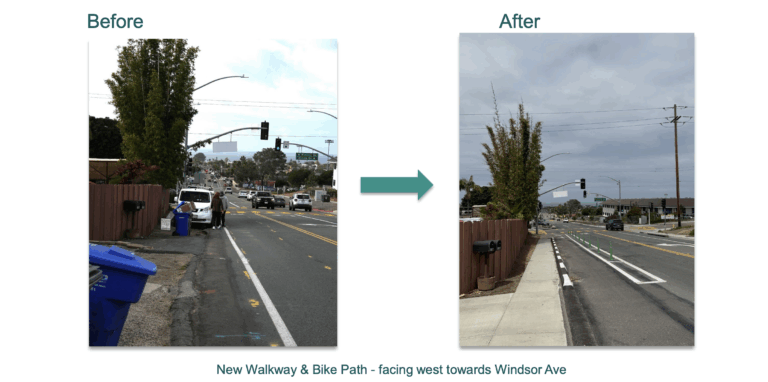 A before and after comparison of new sidewalks that provide pedestrians better facilities to walk vs the old shoulder that forced pedestrians into the roadway