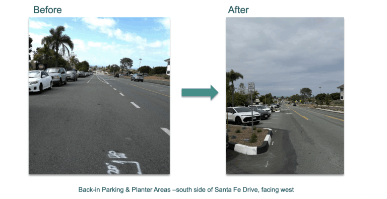 A before and after comparison of the diagonal head out parking vs the old parallel parking on Santa Fe Drive in Encinitas, California