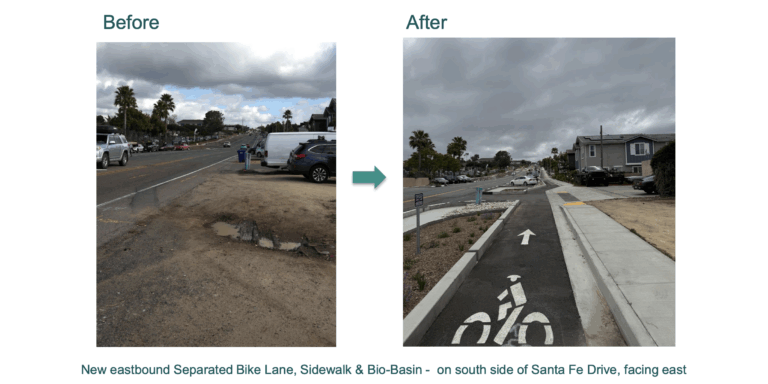 A before and after comparison of the separated bikeways on Santa Fe Drive in Encinitas, California